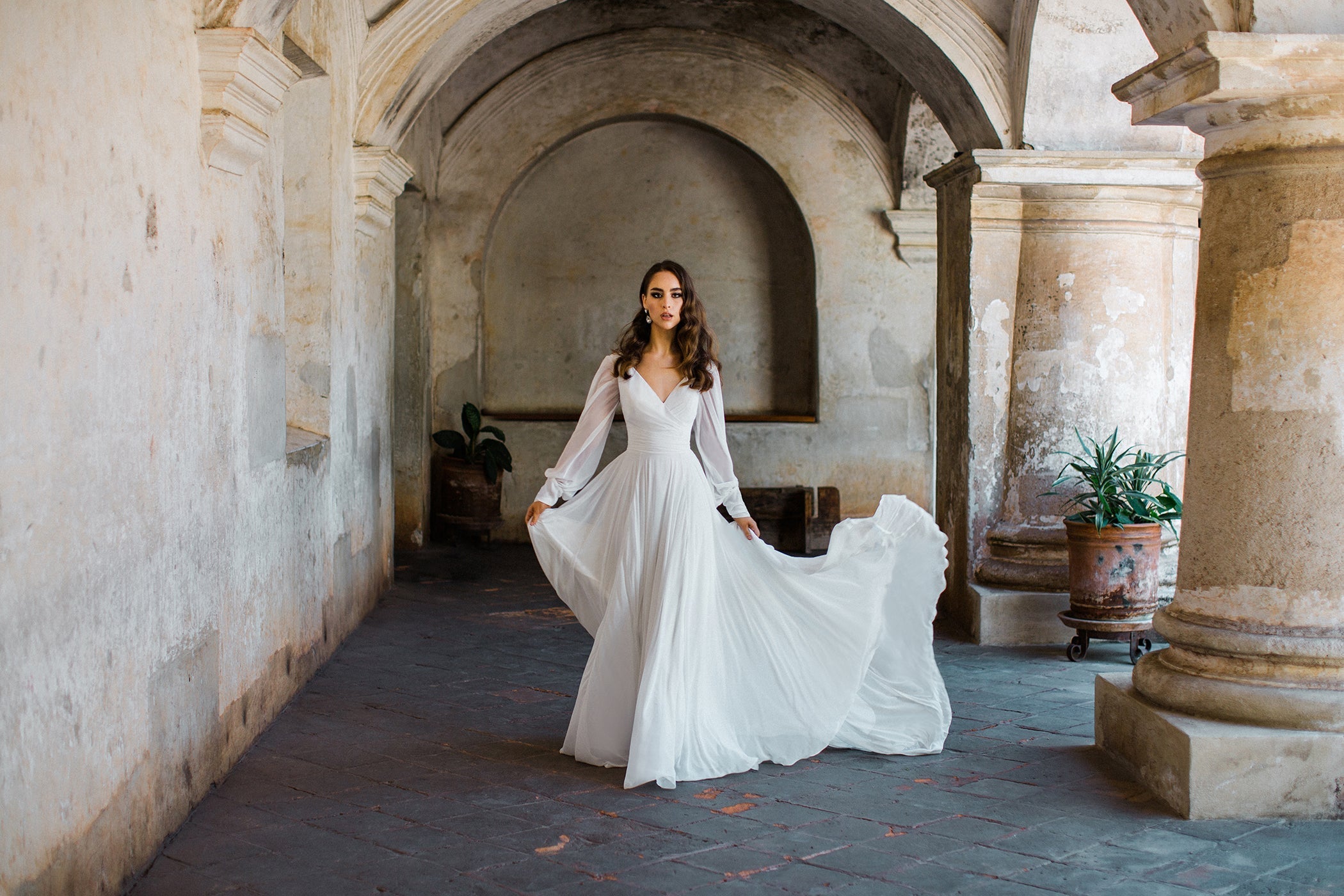 elegant romantic wedding dress Whitney - Wedding Atelier NYC Crafted from a beautiful blend of lace and tulle fabric Romantic Flower Lace Long Sleeve