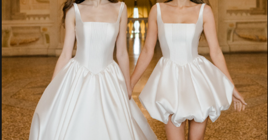 Two women in white dresses hold hands while walking through an ornate hall with chandeliers and arched columns
